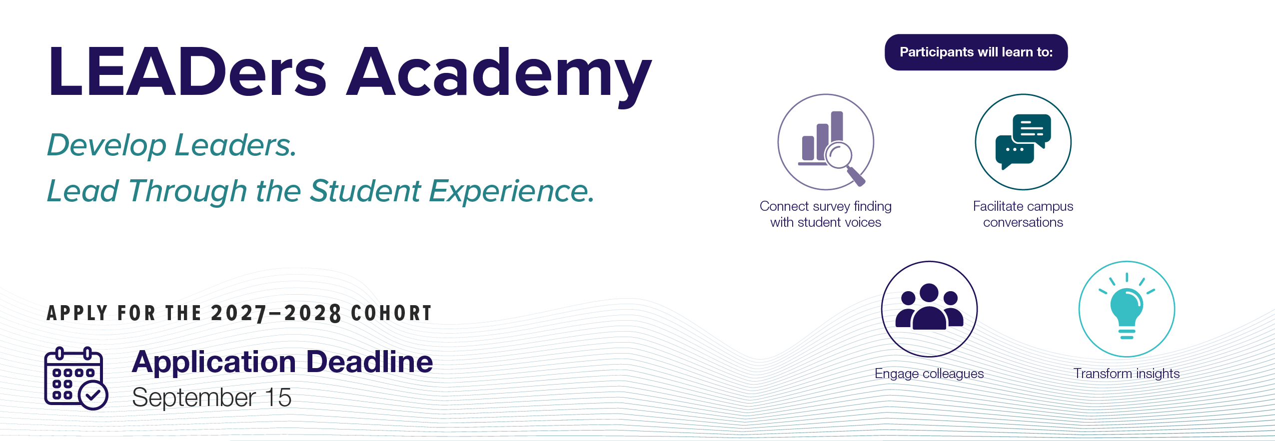 Banner promoting the 2027–2028 LEADers Academy, featuring leadership development goals, participant learning outcomes, and a September 15 application deadline.
