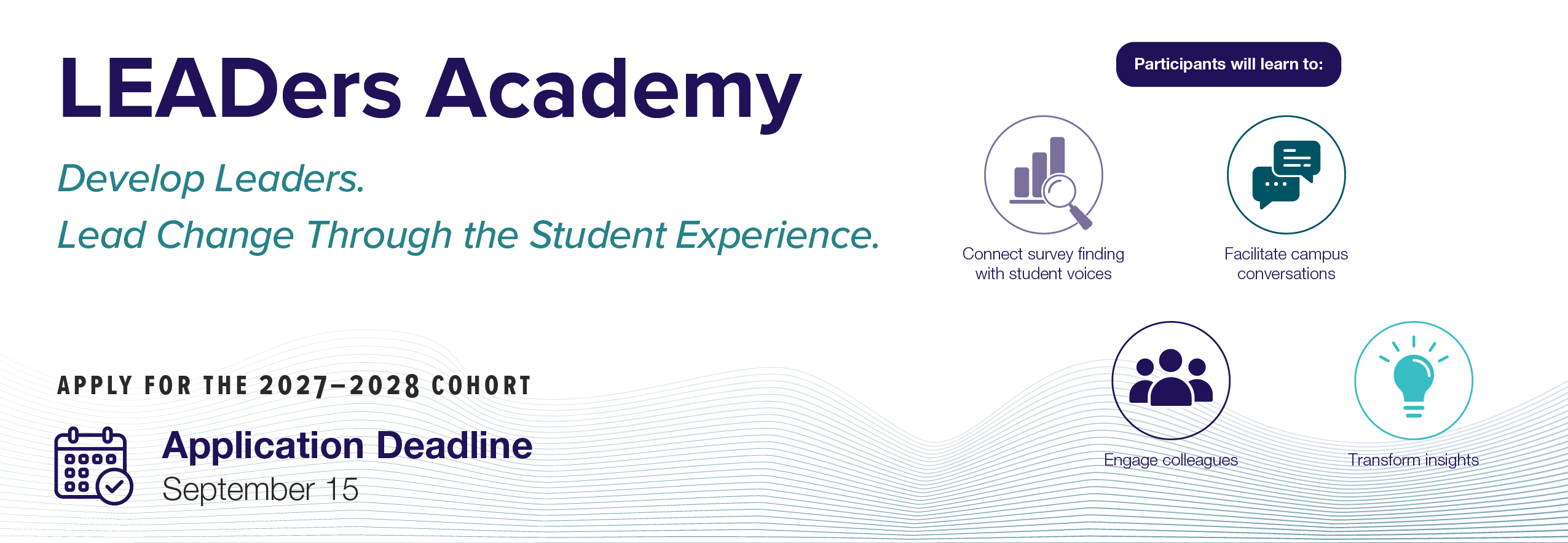 Banner promoting the 2027–2028 LEADers Academy, featuring leadership development goals, participant learning outcomes, and a September 15 application deadline.