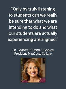 Only by truly listening to students can we really be sure that what we are intending to do and what our students are actually experiencing are aligned. Dr. Sunita Sunny Cooke, President of MiraCosta College 