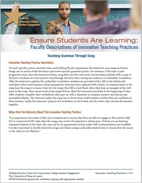 Ensure Students Are Learning: Faculty Descriptions of Innovative Teaching Practices: Teaching Grammar Through Song Ensure Students Are Learning: Faculty Descriptions of Innovative Teaching Practices: Teaching Grammar Through Song