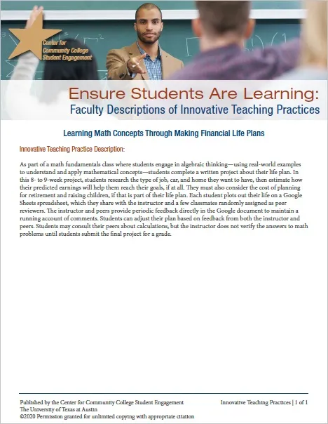 Ensure Students Are Learning: Faculty Descriptions of Innovative Teaching Practices: Learning Math Concepts Through Making Financial Life Plans Ensure Students Are Learning: Faculty Descriptions of Innovative Teaching Practices: Learning Math Concepts Through Making Financial Life Plans