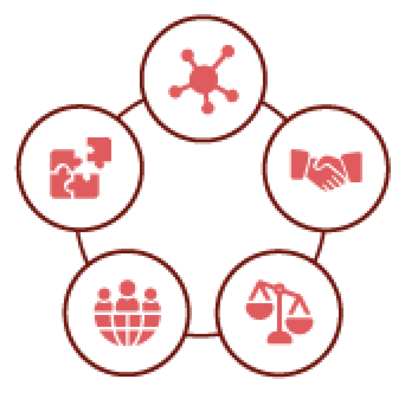 Circular graphic with five connected icons: a network node, handshake, scales of justice, a globe with people, and puzzle pieces.