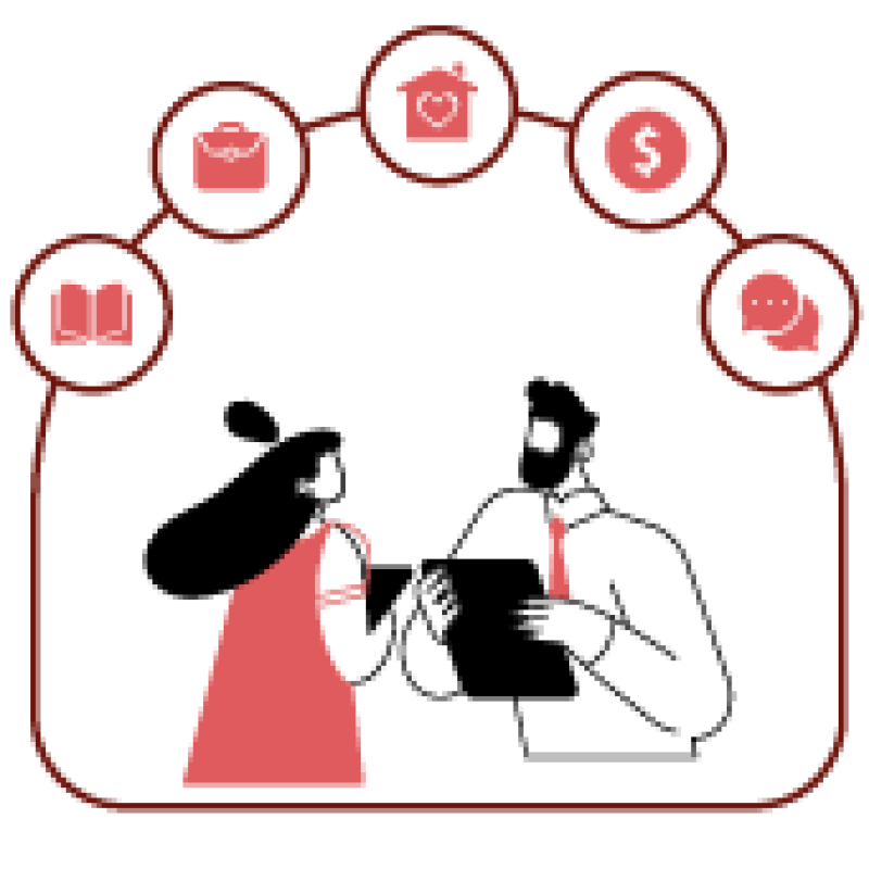 Illustration of a student and an advisor talking, with icons above them representing services like academics, careers, housing, finances, and advising.